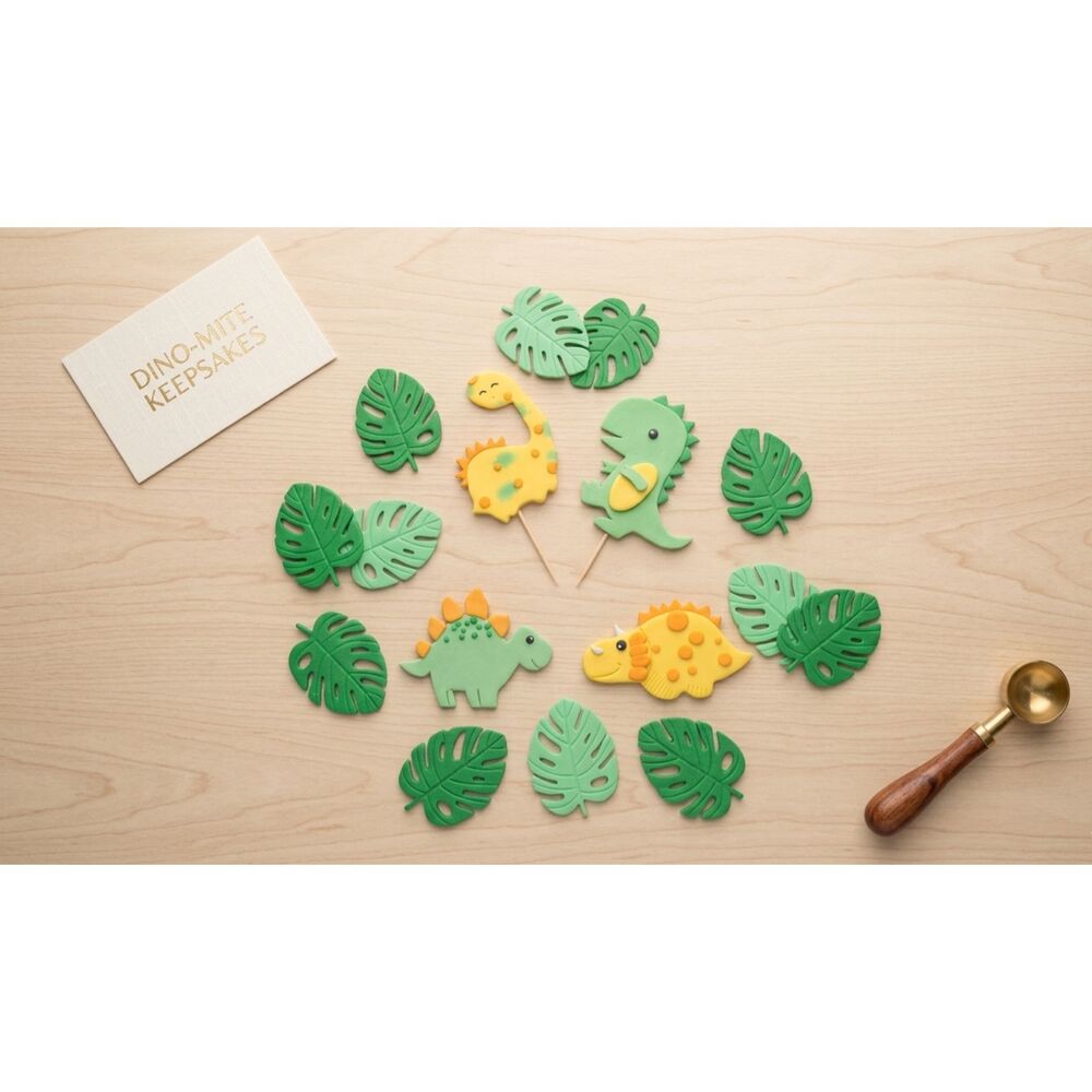 Handmade Jungle Dino Safari Decor+12 Fondant Monstera Leaf Cake Toppers: